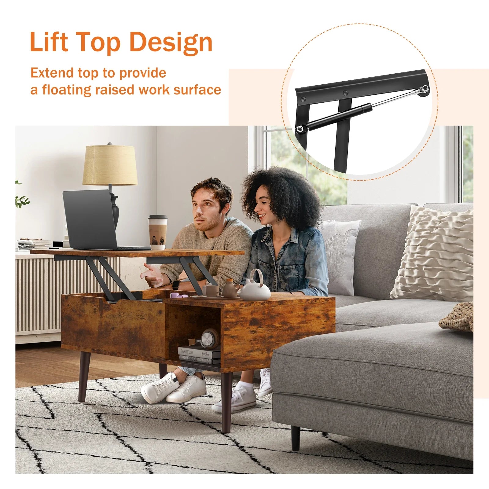Mesas de centro elevables JHK de 90 x 50 cm, mesas de comedor de madera para sala de estar con estante de almacenamiento ajustable, fáciles de levantar y bajar.