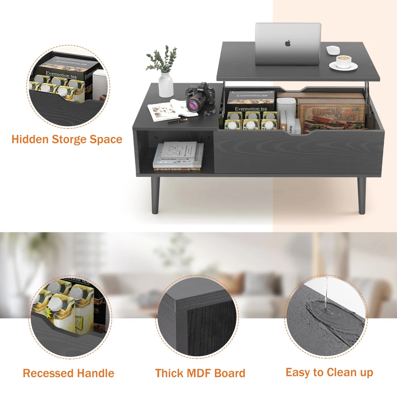 Mesas de centro elevables JHK de 90 x 50 cm, mesas de comedor de madera para sala de estar con estante de almacenamiento ajustable, fáciles de levantar y bajar.