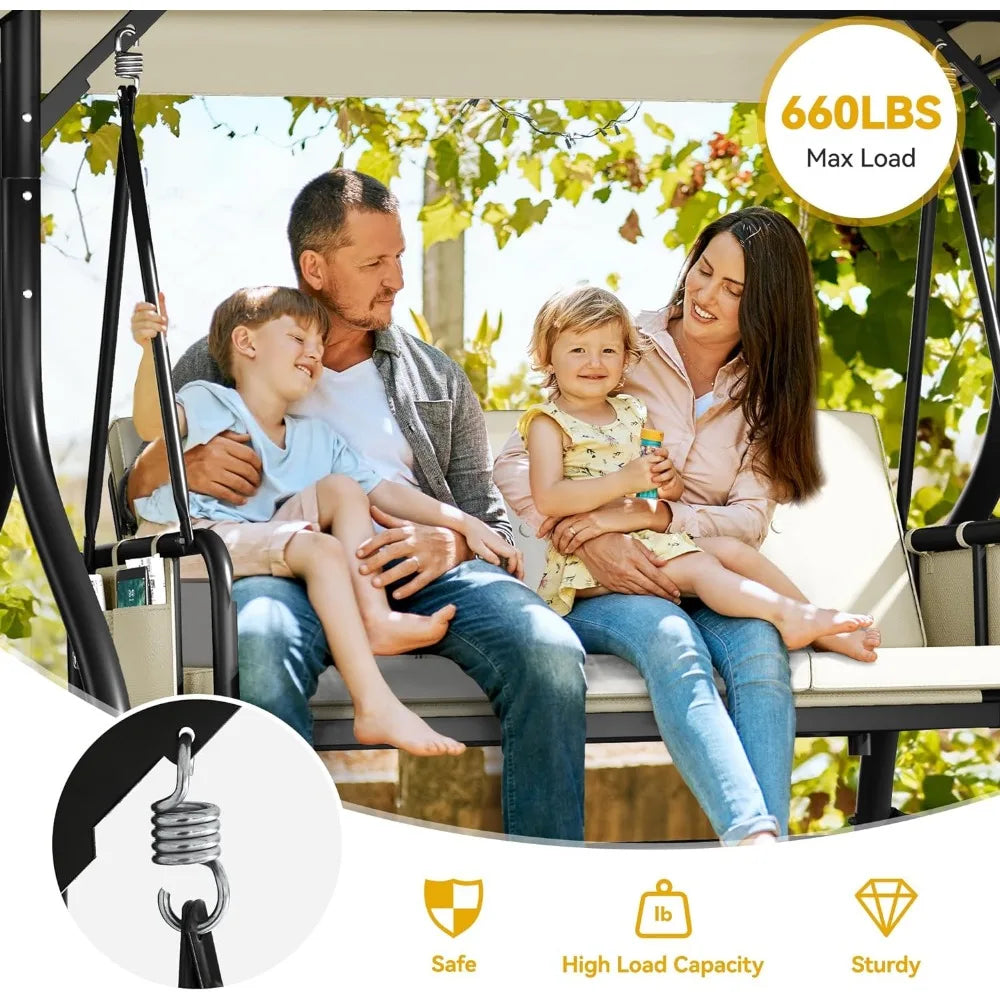 Columpios de exterior de 3 plazas para adultos, columpio de porche con dosel, columpio de patio exterior, columpio resistente con dosel ajustable