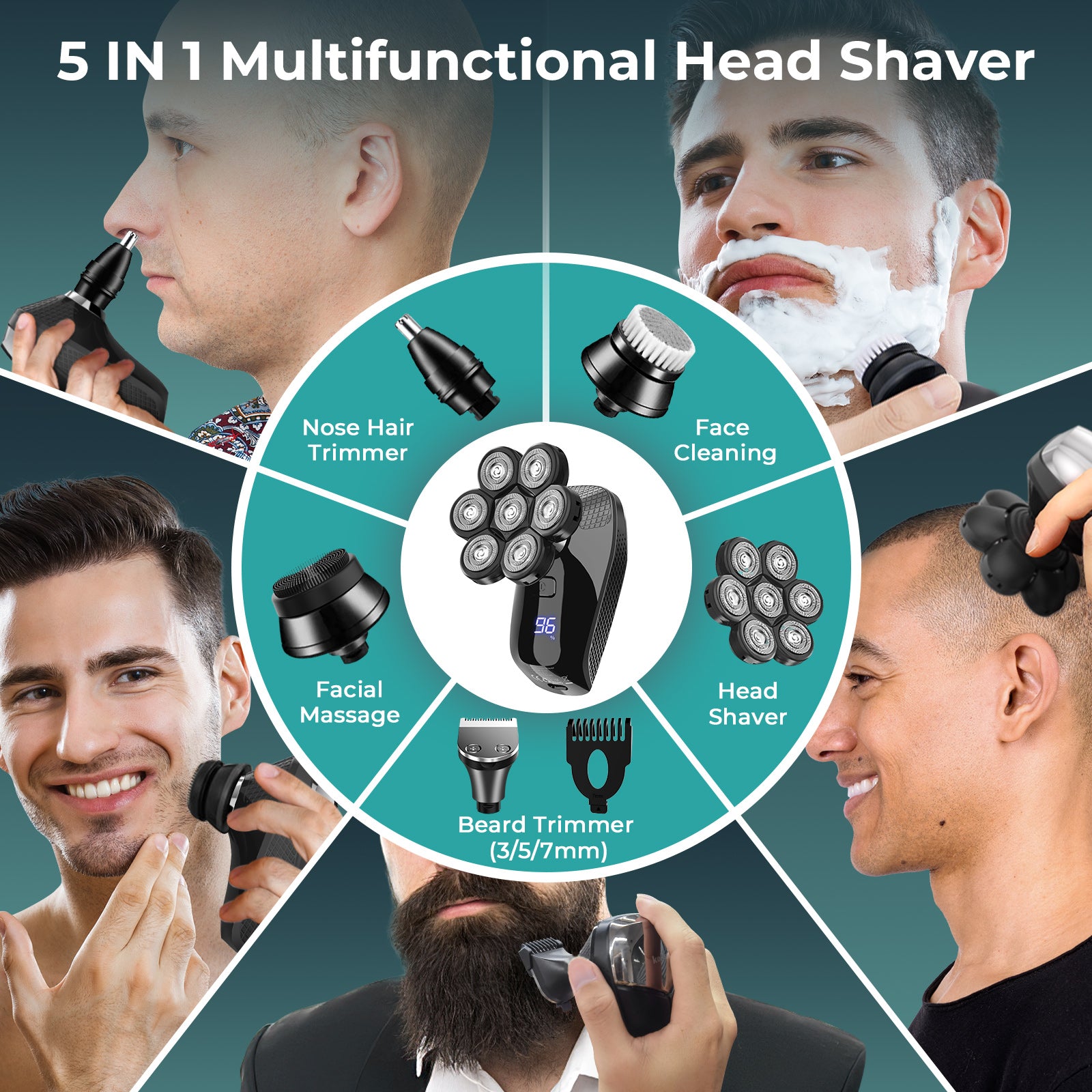 7D Electric Head Shaver for Bald Men – Magnetic Blades, Waterproof, Cordless Grooming Kit