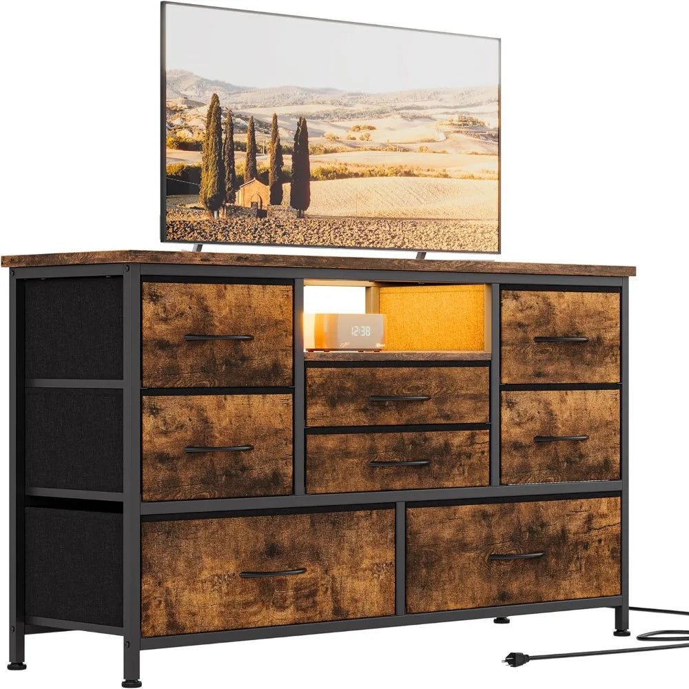 Mueble de TV de 8 cajones con toma de corriente y LED para TV de 55'', cómoda larga para dormitorio con 8 cajones profundos, mesa consola ancha