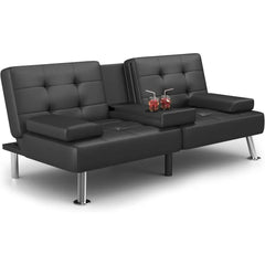 Sofá cama plegable moderno Flamaker, reclinable y convertible, con 2 portavasos y reposabrazos extraíbles (piel sintética, negro).
