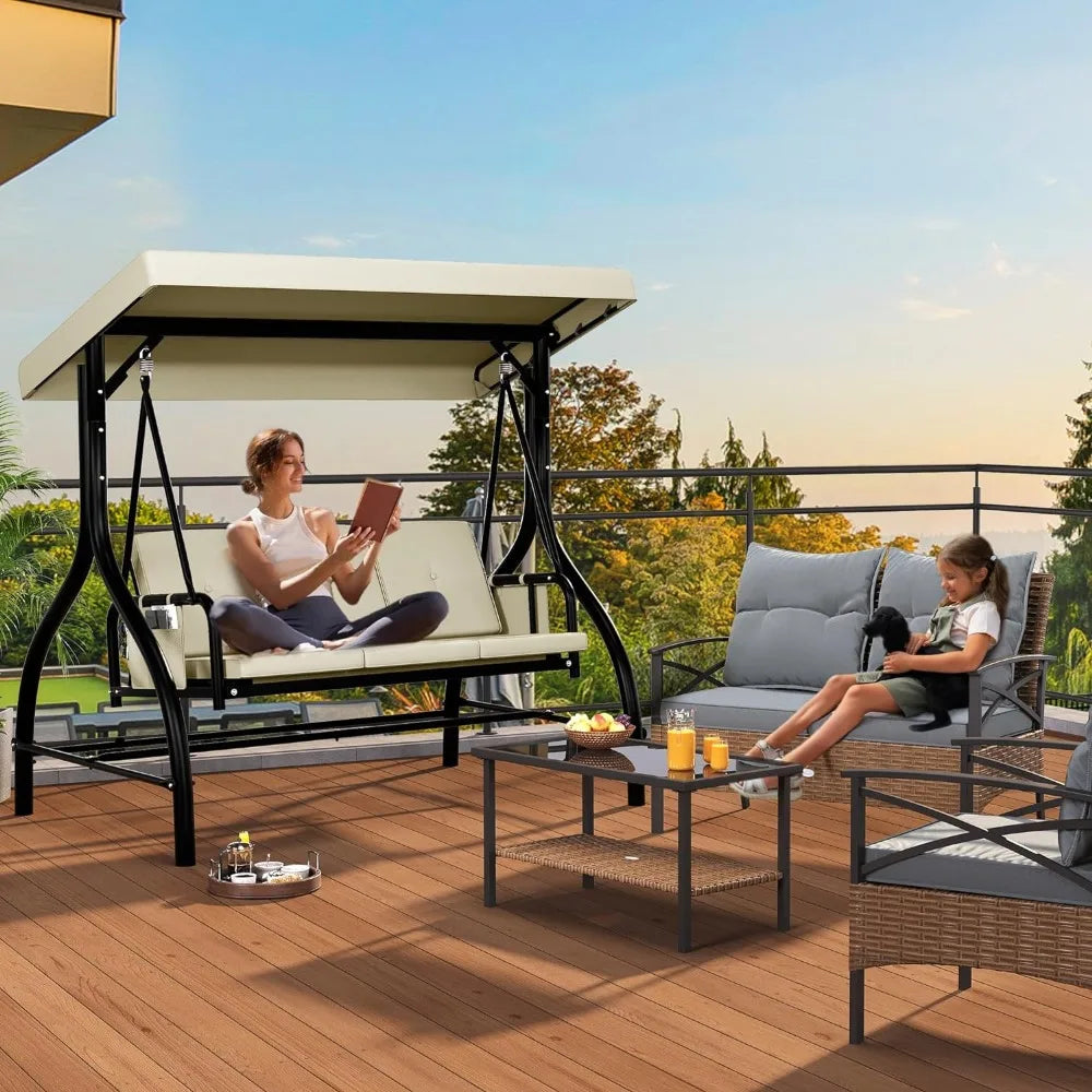 Columpios de exterior de 3 plazas para adultos, columpio de porche con dosel, columpio de patio exterior, columpio resistente con dosel ajustable