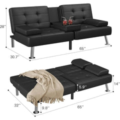 Sofá cama plegable moderno Flamaker, reclinable y convertible, con 2 portavasos y reposabrazos extraíbles (piel sintética, negro).