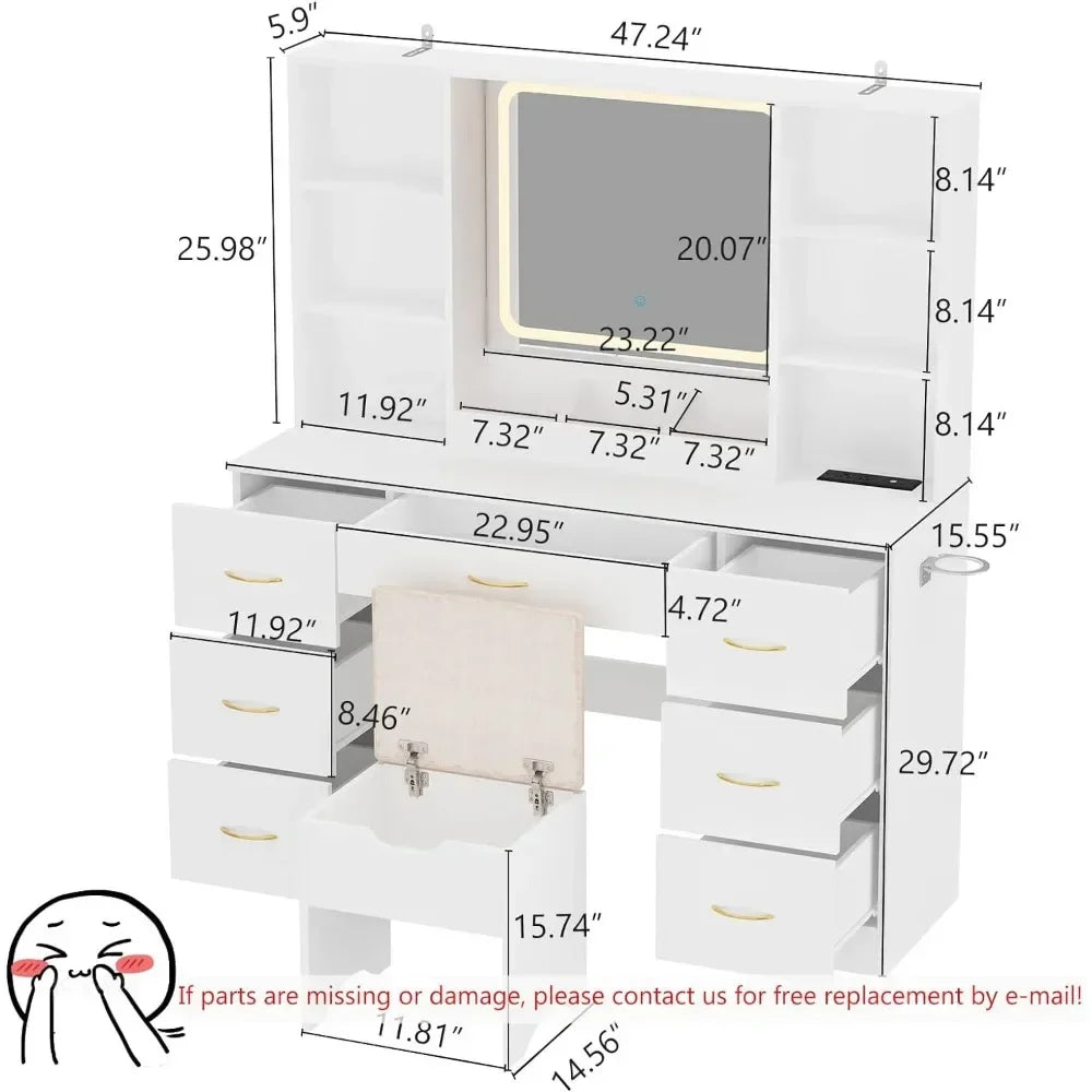 Tocador grande de 120 cm con espejo e iluminación, juego de tocador LED blanco con taburete y toma de corriente, tocador iluminado con cajones y 3 modos de iluminación para mujeres y niñas (blanco)
