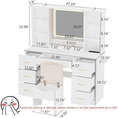 Tocador grande de 120 cm con espejo e iluminación, juego de tocador LED blanco con taburete y toma de corriente, tocador iluminado con cajones y 3 modos de iluminación para mujeres y niñas (blanco)