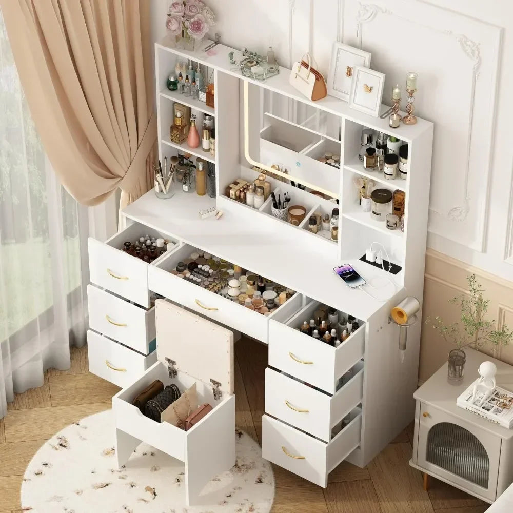 Tocador grande de 120 cm con espejo e iluminación, juego de tocador LED blanco con taburete y toma de corriente, tocador iluminado con cajones y 3 modos de iluminación para mujeres y niñas (blanco)