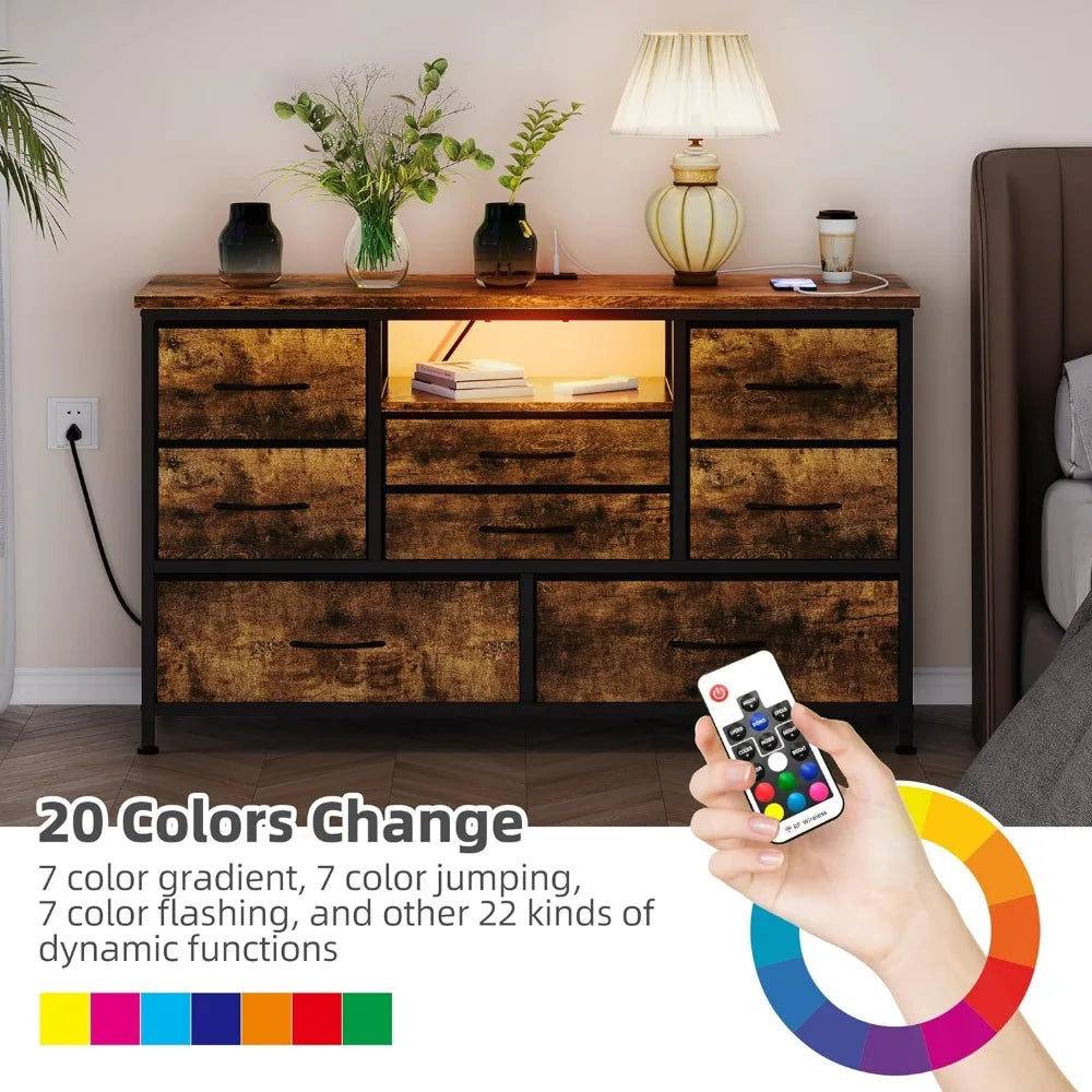 Mueble de TV de 8 cajones con toma de corriente y LED para TV de 55'', cómoda larga para dormitorio con 8 cajones profundos, mesa consola ancha