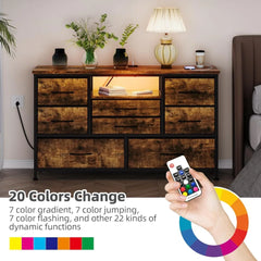 Mueble de TV de 8 cajones con toma de corriente y LED para TV de 55'', cómoda larga para dormitorio con 8 cajones profundos, mesa consola ancha