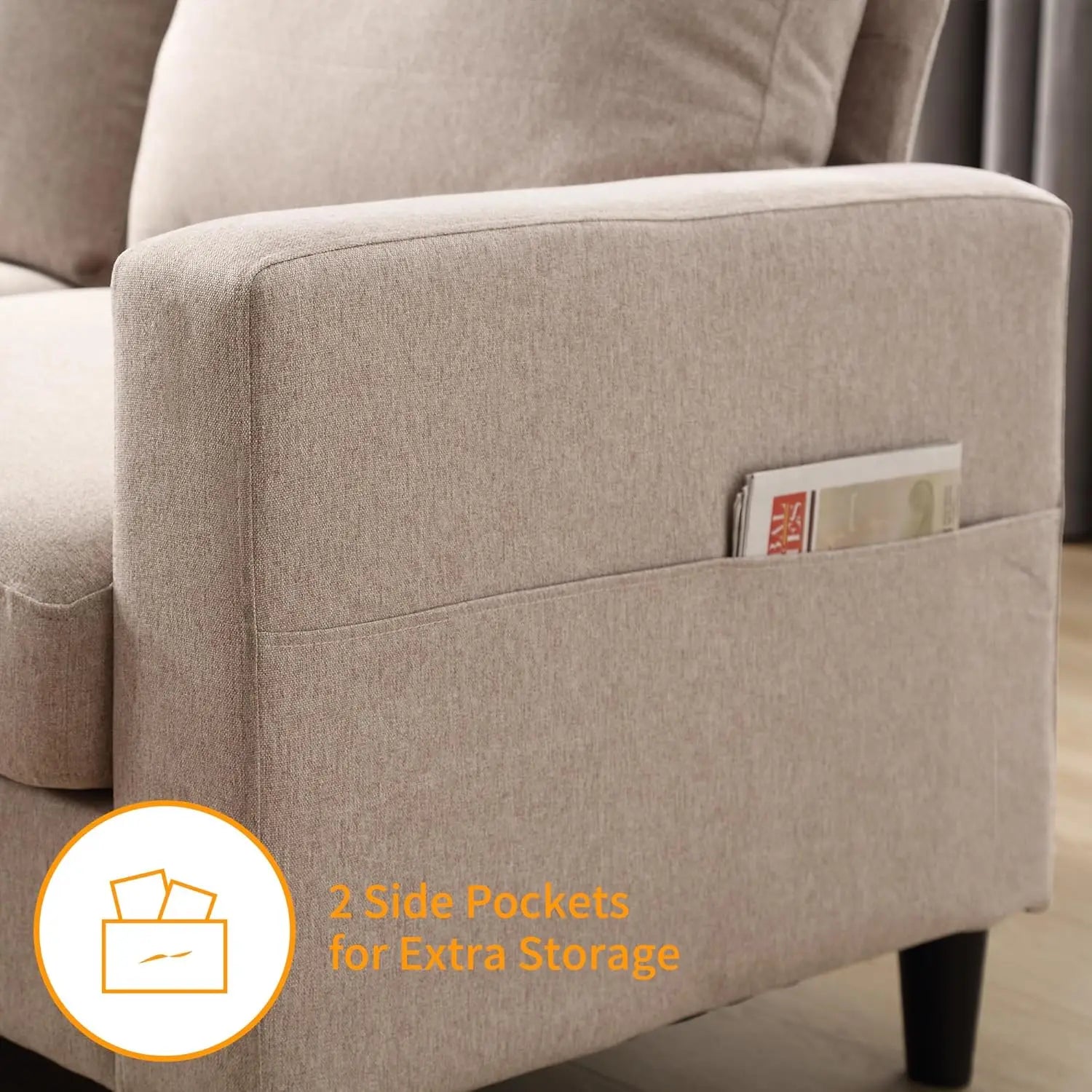 Convertible Sectional Sofa Couch, 3 Seat L-Shaped Sofa with Storage Chaise & Charging Port, Beige, Linen / Small Couch for Small Apartments, Living Room and Office