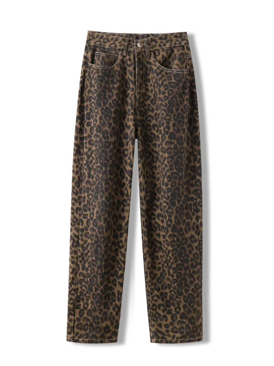 Leopard Print High Waisted Jeans for Women - Y2K Retro Fashion Streetwear Denim Pants, Hip Hop Straight Wide Leg Baggy Jeans