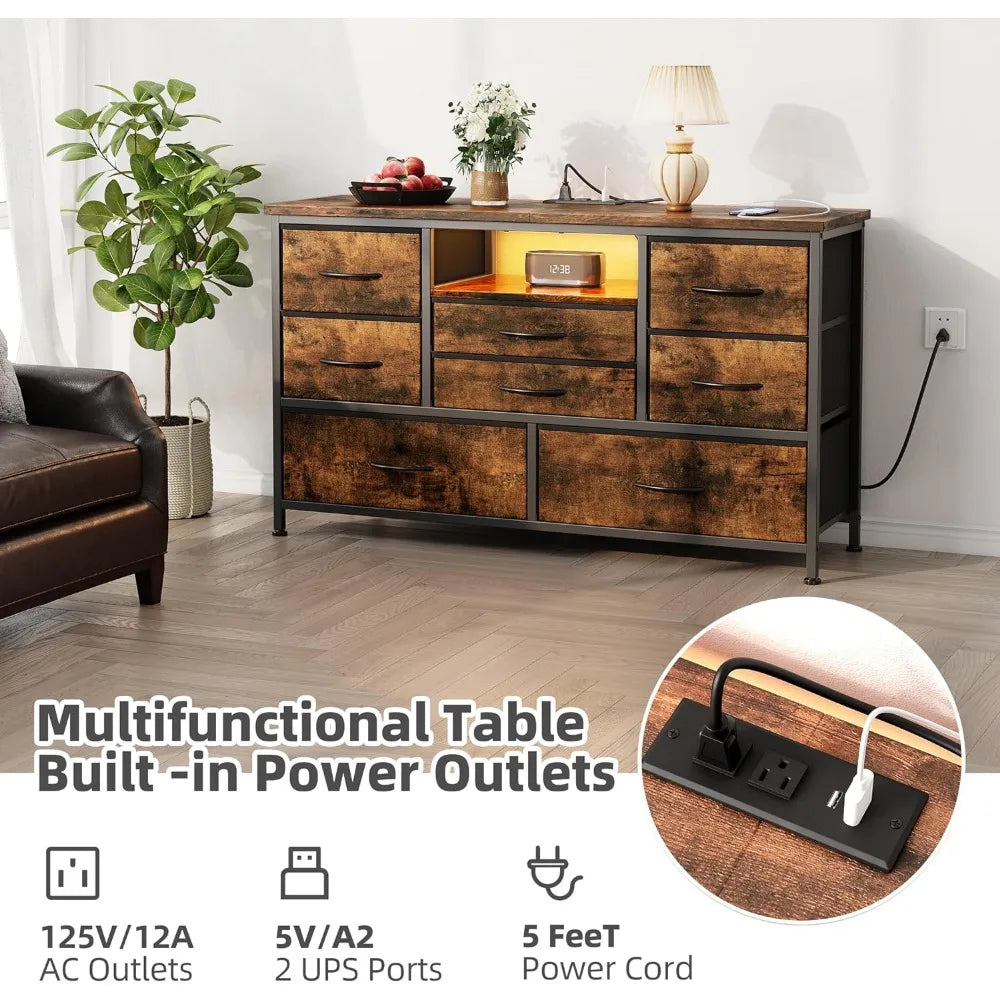 Mueble de TV de 8 cajones con toma de corriente y LED para TV de 55'', cómoda larga para dormitorio con 8 cajones profundos, mesa consola ancha