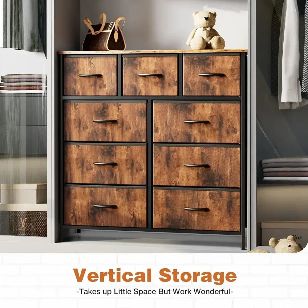 Cómoda Sweetcrispy para dormitorio con 9 cajones de tela, baúl alto organizador para ropa, armario, torre de almacenaje con gabinete, estructura de metal, tablero de madera, mueble ligero para habitación de bebé, color negro y teca.