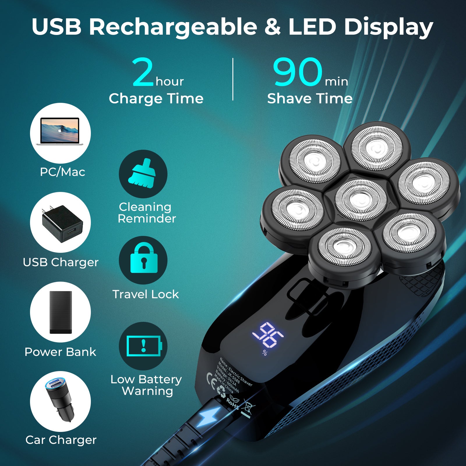 7D Electric Head Shaver for Bald Men – Magnetic Blades, Waterproof, Cordless Grooming Kit