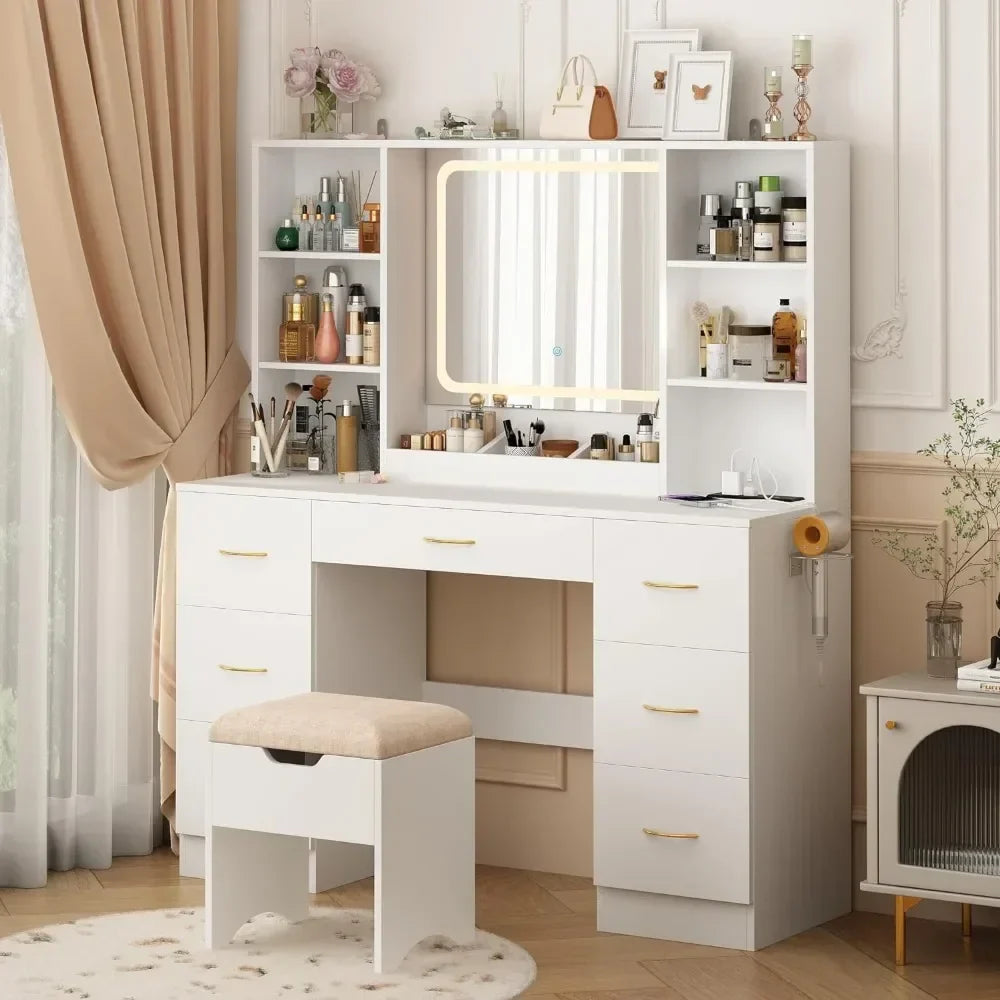 Tocador grande de 120 cm con espejo e iluminación, juego de tocador LED blanco con taburete y toma de corriente, tocador iluminado con cajones y 3 modos de iluminación para mujeres y niñas (blanco)