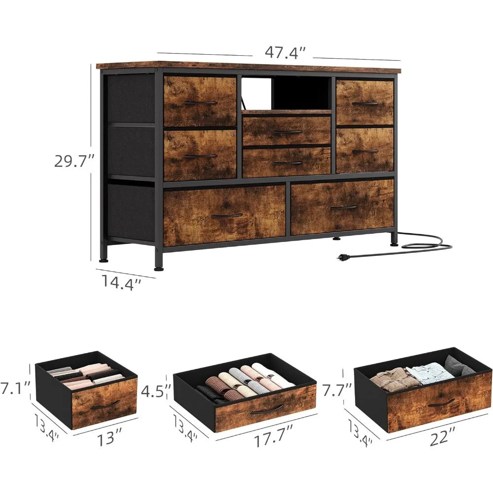 Mueble de TV de 8 cajones con toma de corriente y LED para TV de 55'', cómoda larga para dormitorio con 8 cajones profundos, mesa consola ancha