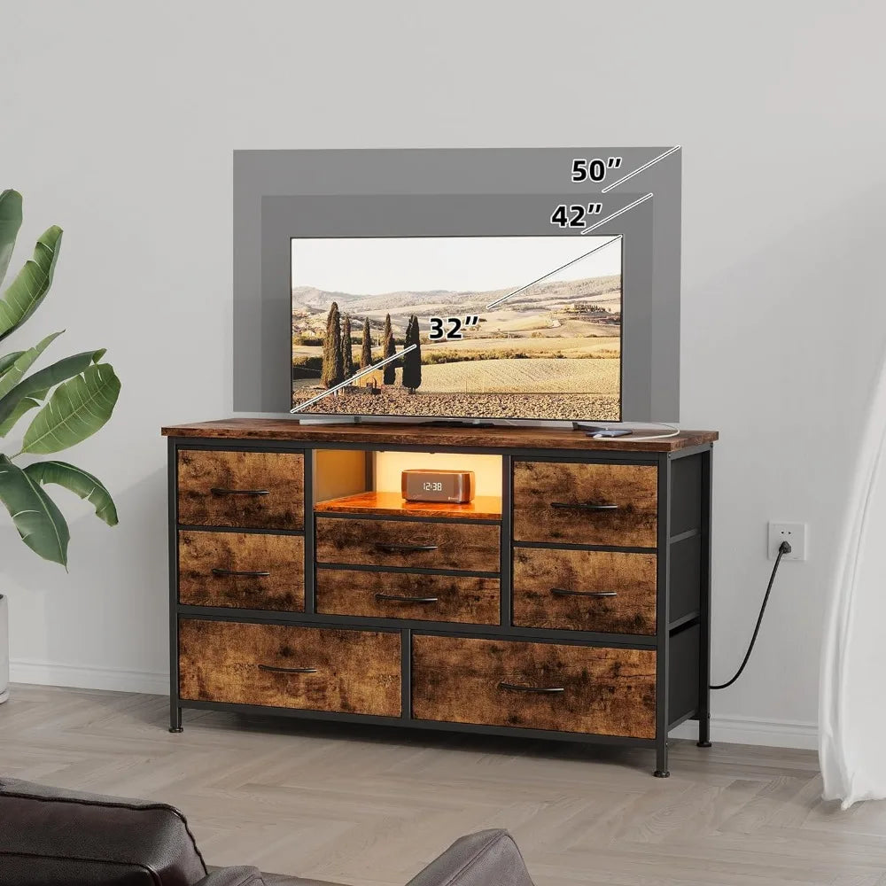 Mueble de TV de 8 cajones con toma de corriente y LED para TV de 55'', cómoda larga para dormitorio con 8 cajones profundos, mesa consola ancha