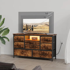 Mueble de TV de 8 cajones con toma de corriente y LED para TV de 55'', cómoda larga para dormitorio con 8 cajones profundos, mesa consola ancha