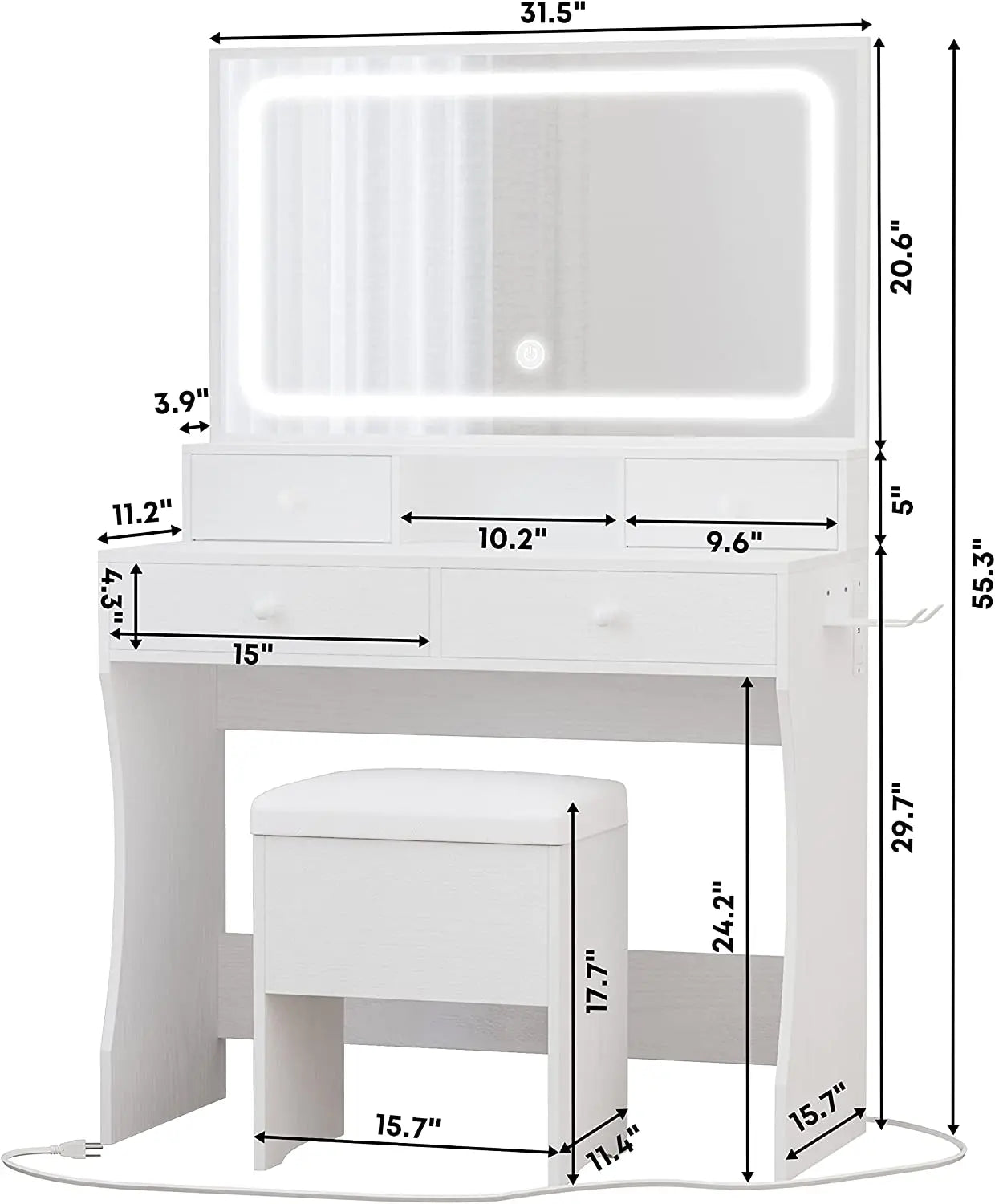 Escritorio de tocador LIKIMIO con espejo con luz LED, toma de corriente y 4 cajones, juego de mesa de maquillaje con taburete de almacenamiento y secador de pelo