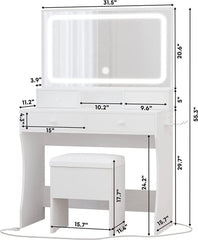 Escritorio de tocador LIKIMIO con espejo con luz LED, toma de corriente y 4 cajones, juego de mesa de maquillaje con taburete de almacenamiento y secador de pelo