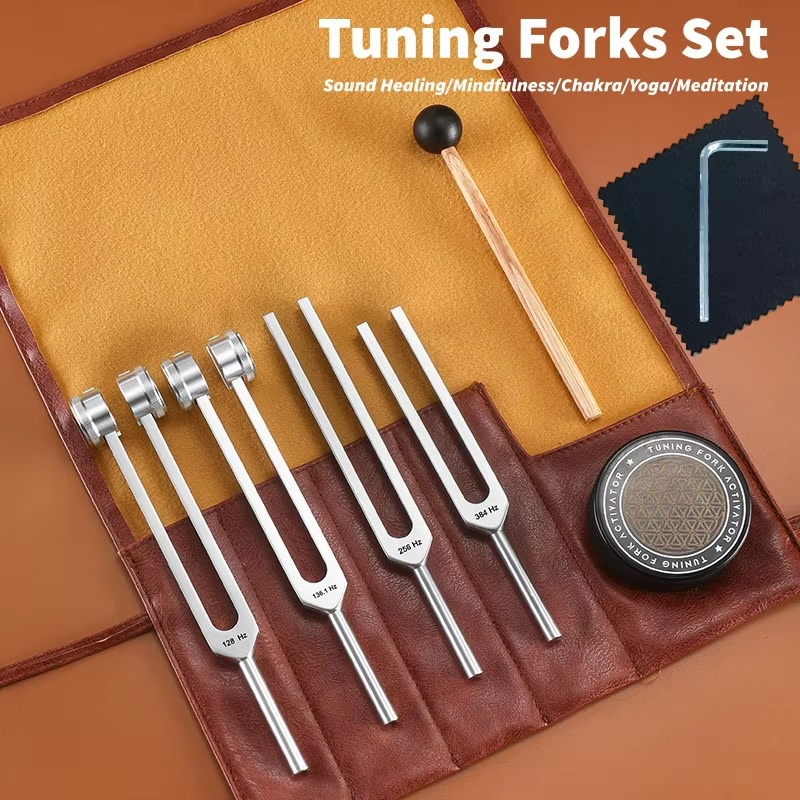 Resonance Sound Healing Tuning Fork Set (128Hz, 136.1Hz, 256Hz, 384Hz) with Activator – Chakra Balancing, Stress Relief & Meditation Therapy Kit