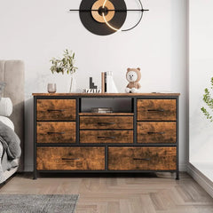 Mueble de TV de 8 cajones con toma de corriente y LED para TV de 55'', cómoda larga para dormitorio con 8 cajones profundos, mesa consola ancha